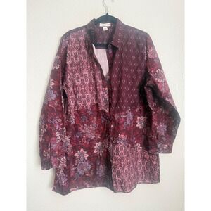 Coldwater Creek Womens 1X Burgundy Patchwork Floral Cotton Button Up Blouse